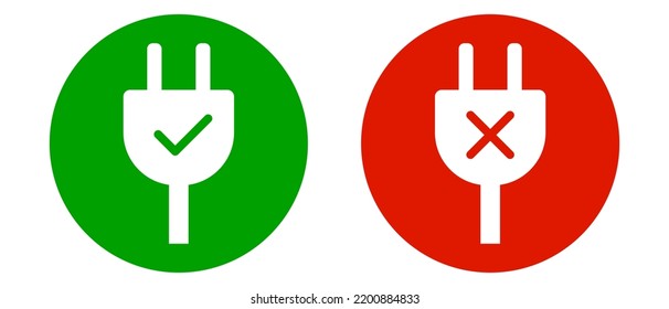 Icono de salida disponible y icono de salida prohibido. Carga prohibida y carga disponible conjunto de iconos. Fallo de enchufe. Vector.
