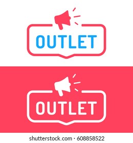 Outlet. Badge, megaphone icon. Flat vector illustration on white and red background.