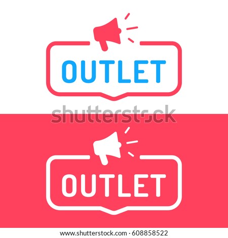 Outlet. Badge, megaphone icon. Flat vector illustration on white and red background.