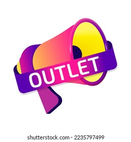 Outlet banner label, badge icon with megaphone. Flat design