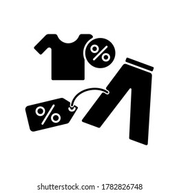 Outlet black glyph icon. Cheap garment buying. Trendy brand clothes low price. Shopping mall products sale. Apparel discounts. Silhouette symbol on white space. Vector isolated illustration