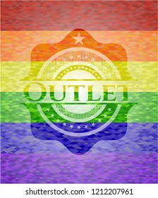 Outlet emblem on mosaic background with the colors of the LGBT flag