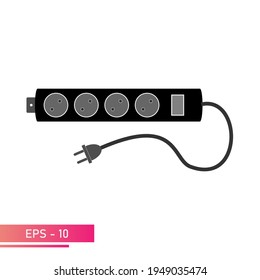 The outlet is an extension cord. Black color with plug and power button. 220 110 volts. On a white background. Flat vector illustration.