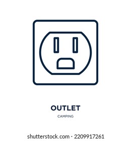 icono de salida de la colección de camping. Salida lineal delgada, cable, icono de contorno de energía aislado en fondo blanco. Señal de salida de vector de línea, símbolo para web y móvil