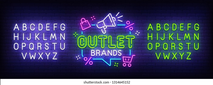 Outlet neon sign, bright signboard, light banner. Outlet logo, emblem and label. Neon sign creator. Neon text edit