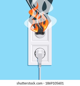 Outlet on fire with unplugged cord. Electrical safety concept. Vector illustration in flat style.