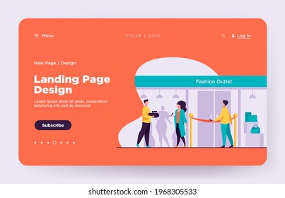 Outlet opening ceremony. Man cutting red ribbon, journalist, cameraman flat vector illustration. Fashion news, reportage, shopping concept for banner, website design or landing web page