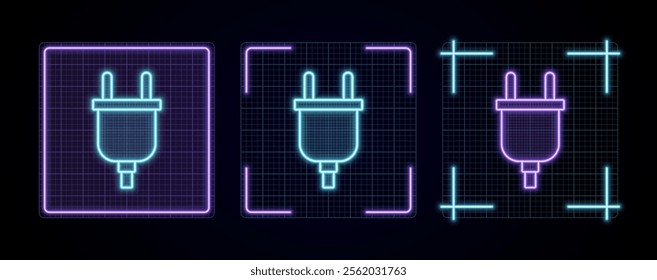 Outlet plug icon illustration, cyber neon visual, glowing border grid vector.