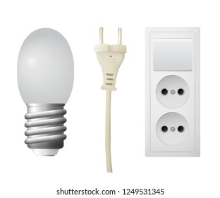 Outlet with plug, LED lightbulb. Set of electrical equipment. Vector illustration.