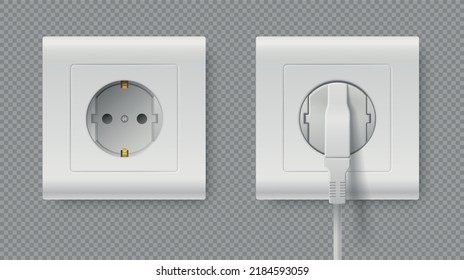 Outlet with power cord. Realistic 3D electric plug in white plastic grounded square socket. Electrical voltage cable and energy connector. Electricity charger. Vector home interior wall elements set