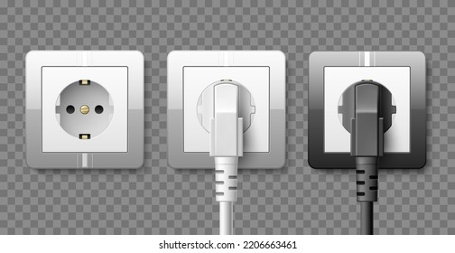 Outlet with power cord. Realistic white and black plastic sockets, electrical power supply. Electric plugs with cable, 3d isolated on transparent background elements utter vector concept