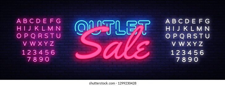 Outlet Sale neon text vector design template. Discount neon banner, light banner design element colorful modern design trend, night bright advertising, bright sign. Vector. Editing text neon sign
