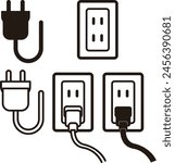 Outlet socket and plug monochrome icon illustration set