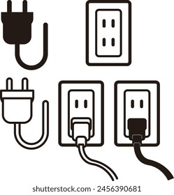 Outlet socket and plug monochrome icon illustration set