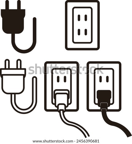 Outlet socket and plug monochrome icon illustration set