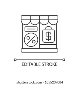 Outlet store pixel perfect linear icon. Retail business, commercial service. consumerism thin line customizable illustration. Contour symbol. Vector isolated outline drawing. Editable stroke