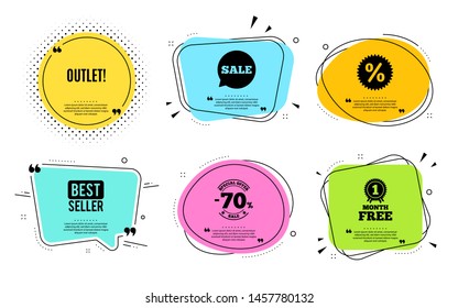 Outlet symbol. Best seller, quote text. Special offer price sign. Advertising discounts. Quotation bubble. Banner badge, texting quote boxes. Outlet text. Coupon offer. Vector