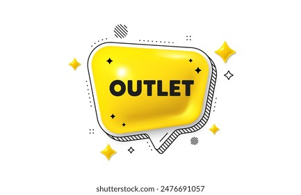 Etiqueta de salida. Icono de burbuja 3d de voz de chat. Oferta especial Precio de señal. Símbolo de descuentos publicitarios. Mensaje de chat de Outlet. Anuncio de burbuja de voz con rayas. Globo de texto amarillo. Vector
