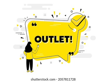 Outlet text. Check mark chat bubble banner with people. Special offer price sign. Advertising discounts symbol. Outlet approved chat message. Checklist user background. Vector