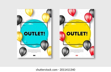 Outlet text. Flyer posters with realistic balloons cover. Special offer price sign. Advertising discounts symbol. Outlet text frame white posters. Balloons cover. Vector