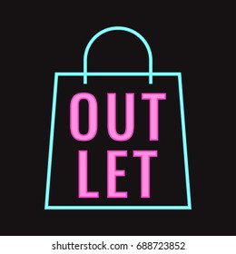 Outlet. Vector badge, bag icon with neon effect illustration on black background.
