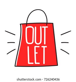 Outlet. Vector hand drawn icon of shopping bag, illustration on white background.