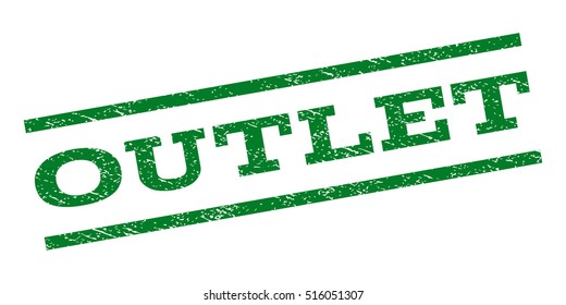 Outlet watermark stamp. Text tag between parallel lines with grunge design style. Rubber seal stamp with dust texture. Vector green color ink imprint on a white background.