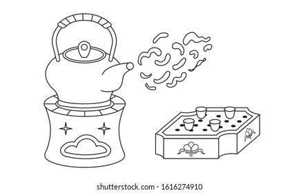 Outlin Stroke Tea Kettle On The Stove To Boil Tea On Pink Background. Make Hot Tea Concept Beverage Making. Chinese Pottery Tea Set With Warmer.thin Line Vector ,illustration