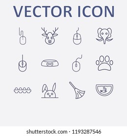 Outline 12 animal icon set. broom, mouse, dog food bowl, egg, aquarium and elephant vector illustration