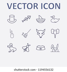 Outline 12 animal icon set. elephant, fox, bee, magic hat, broom and mouse vector illustration