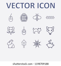 Outline 12 animal icon set. elephant, spider web, mouse, cat, dog and bee vector illustration