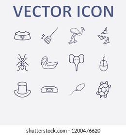 Outline 12 animal icon set. ant, dog food bowl, broom, goose, mouse and sperm vector illustration