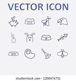 Outline 12 animal icon set. animal dish, pig bank, pet food, broom, dog food bowl and bee vector illustration