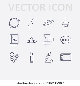 Outline 12 art icon set. draw tablet, drop, leaf, telephone book, bubble chat, chandelier, pot, bullet, pencil and distance map vector illustration