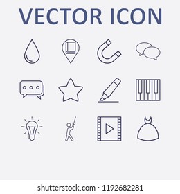 Outline 12 art icon set. library location, wedding dress, film strip, piano keyboard, star and marker vector illustration