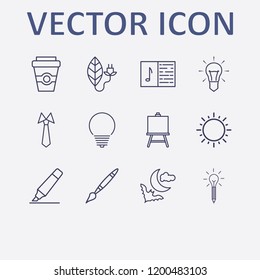 Outline 12 art icon set. idea with pencil, leaf, paint brush, painting board, sun and tie vector illustration
