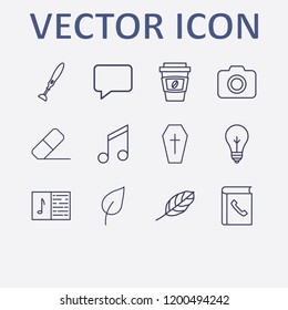 Outline 12 art icon set. melody, telephone book, camera, hand blende, halloween coffin and coffee cup vector illustration