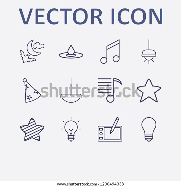 Outline 12 art icon\
set. melody list, star, chandelier, carnaval hat, drop and bat and\
moon vector\
illustration