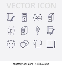 Outline 12 back icon set. book and pencil, t shirt, pc case, dress button, ass figure and mirror vector illustration