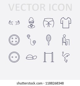 Outline 12 back icon set. dress button, ass figure, cap, bodybuilder, teacher, distance, mirror, pull up, pupil and t shirt vector illustration