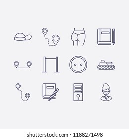 Outline 12 back icon set. dress button, cap, distance, tank, ass figure, pc case, book and pencil, pull up and teacher vector illustration