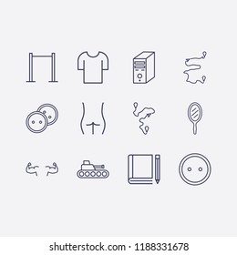 Outline 12 back icon set. pull up, t shirt, distance, figure ass, tank, book and pencil, pc case, dress button, mirror and bodybuilder vector illustration