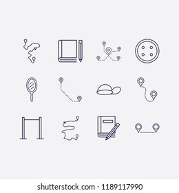 Outline 12 back icon set. mirror, cap, dress button, pull up, book and pencil and distance vector illustration