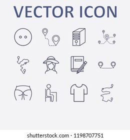 Outline 12 back icon set. dress button, ass figure, t shirt, girl head in hat, book and pencil and distance vector illustration