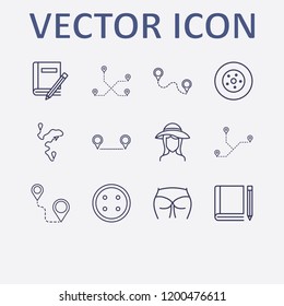 Outline 12 back icon set. book and pencil, car wheel, dress button, girl head in hat, distance and ass figure vector illustration