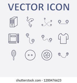 Outline 12 back icon set. t shirt, car wheel, pc case, mirror, dress button and distance vector illustration