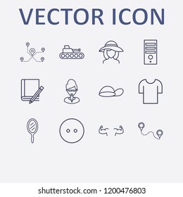 Outline 12 back icon set. bodybuilder, book and pencil, girl head in hat, t shirt, distance and tank vector illustration