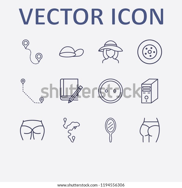 Outline 12 back icon set. ass figure, dress\
button, book and pencil, girl head in hat, car wheel and cap vector\
illustration