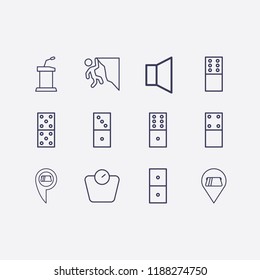 Outline 12 balance icon set. weight scale, rock climber, sound, domino, location cash withdrawal and tribune vector illustration