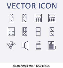 Outline 12 balance icon set. sound, calculator, tax, tribune, domino and taxes vector illustration